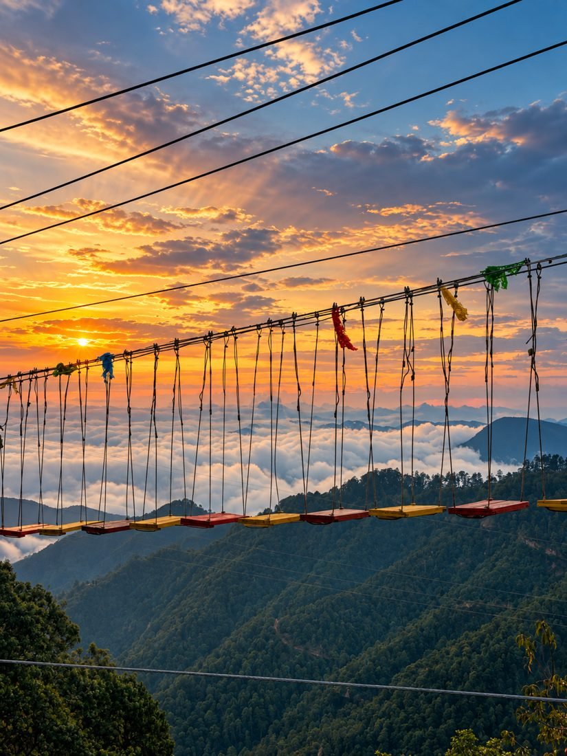 Columpios sobre el mar de nubes en San José del Pacífico, al amanecer